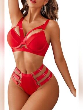 NWT Avidlove Red Strappy Lingerie Set Harness Underwire Bra Panty S